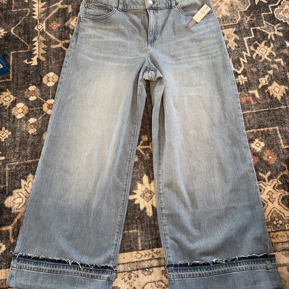 Talbots Relaxed Trouser Jean Women 12P 12 Petite Wide Leg Raw Released Hem Denim